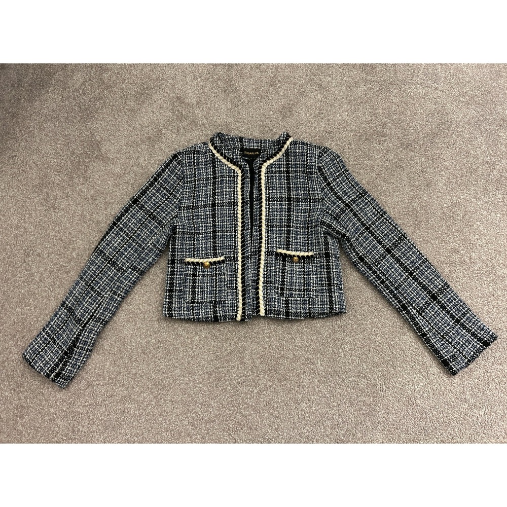 French Girl Tweed Jacket Women Small Blue White Plaid Excellent Cropped Blazer
